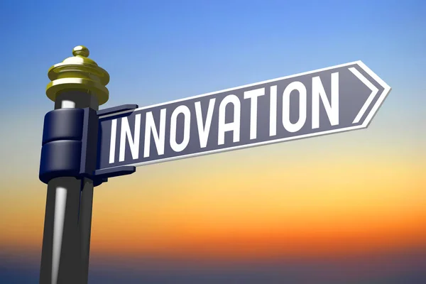 Innovation - signpost with one arrow, sky in background.