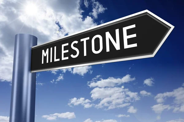 Milestone - signpost with one arrow, sky with clouds in background.