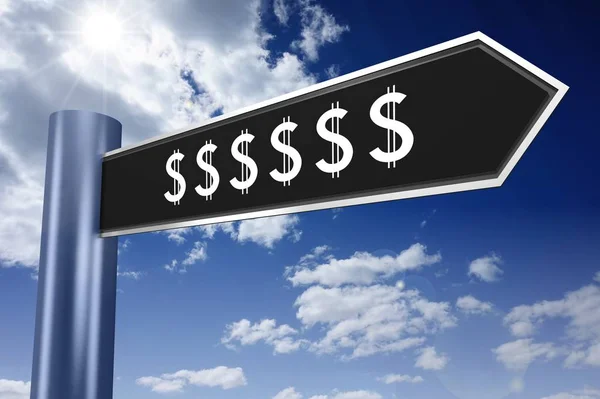 Dollar signs - signpost with one arrow, sky with clouds in background.