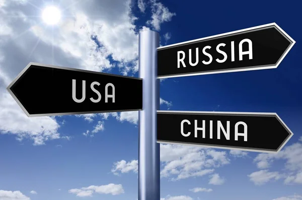 Obrázek Vykreslování Rozcestník Třemi Šipkami Usa Rusko Čína — Stock fotografie