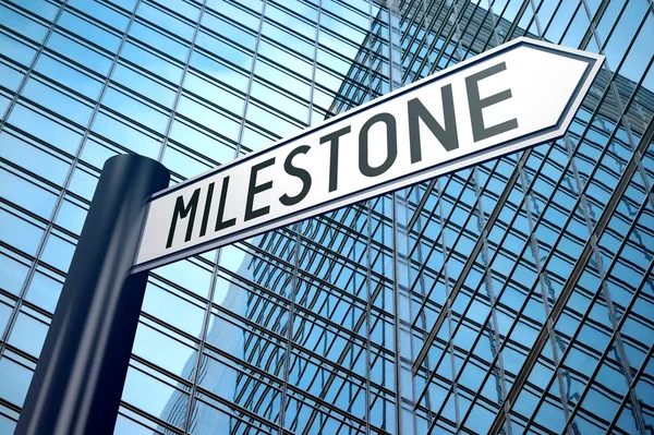 Milestone Cartello Con Una Freccia Edificio Uffici Sullo Sfondo — Foto Stock