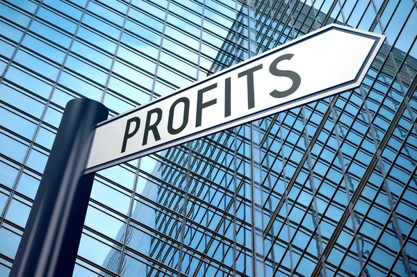 Profits Signpost One Arrow Office Building Background — Stock Photo, Image