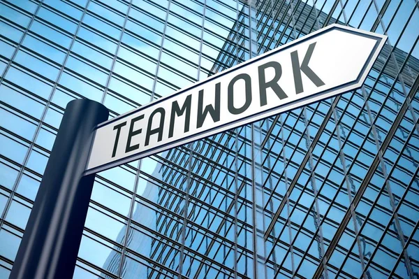 Teamwork Signpost One Arrow Office Building Background — Stock Photo, Image