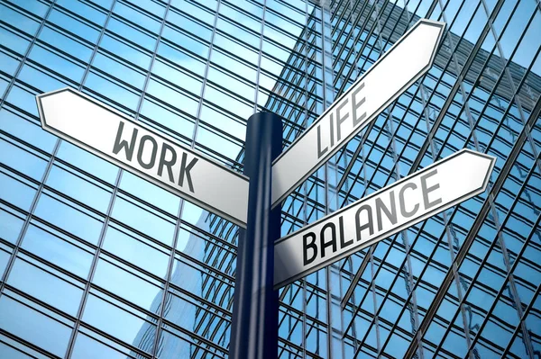 Work, life, balance - crossroads sign, office building