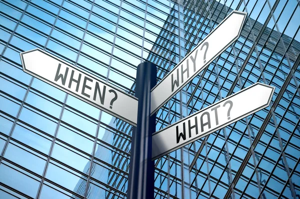 When, why, what - crossroads sign, office building