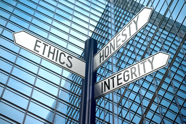 Wegwijzer Met Twee Pijlen Ethiek Eerlijkheid Integriteit — Stockfoto