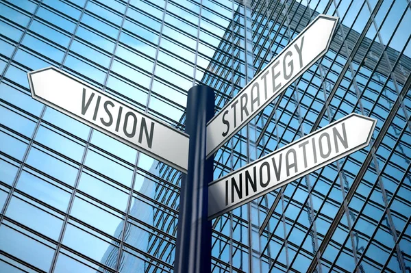 Wizji Strategii Innowacji Skrzyżowaniu Znak Budynek Biurowy — Zdjęcie stockowe