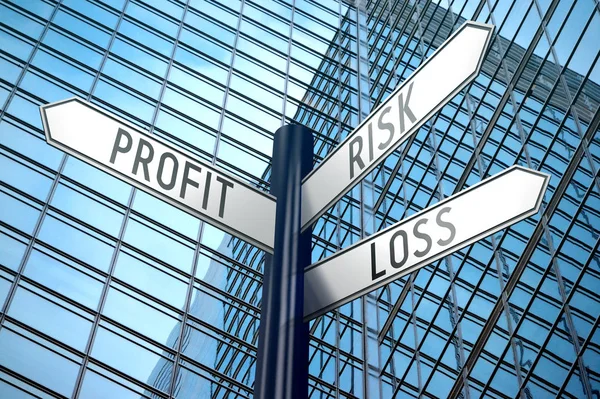 Profit Risk Loss Crossroads Sign Office Building — Stock Photo, Image