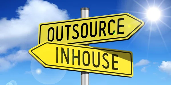Outsourcing Inhouse Żółty Znak Drogowy — Zdjęcie stockowe