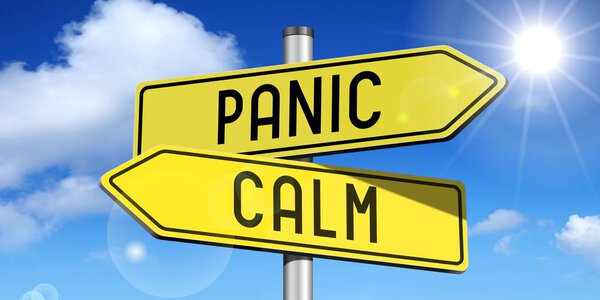 Паника, спокойствие - желтый дорожный знак
