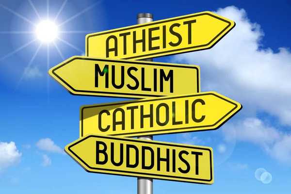 Religion concept - yellow road-sign