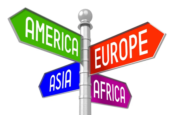 Continents Colorful Signpost White Background — Stock Photo, Image