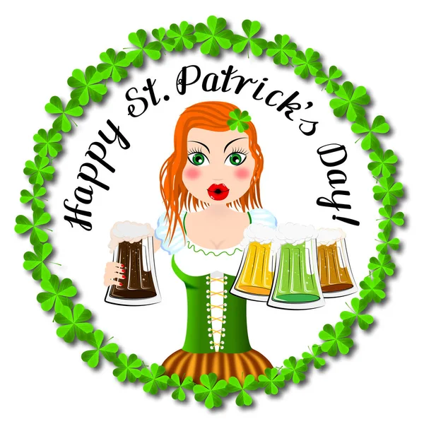 Happy Patrick Day Card Waitress Holding Beer — Stock Photo, Image