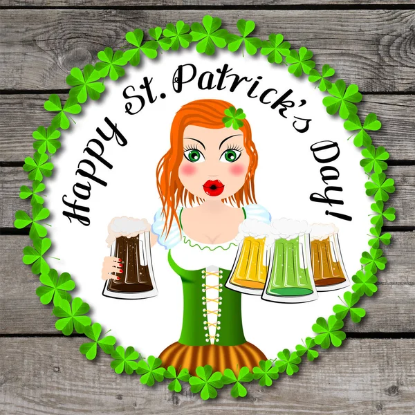 Happy Patrick Day Card Waitress Holding Beer — Stock Photo, Image