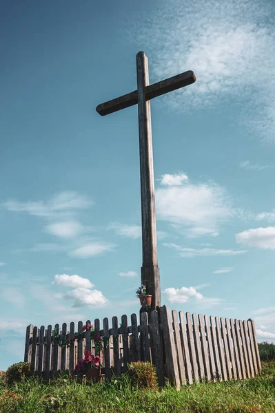 Дерев Яний Хрест Придорожніх Shrine Відмінно Підходить Католицької Релігії Християнство — стокове фото