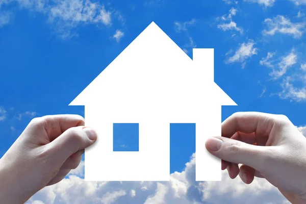 House Insurance Concept Hands Sky Background — Stock Photo, Image