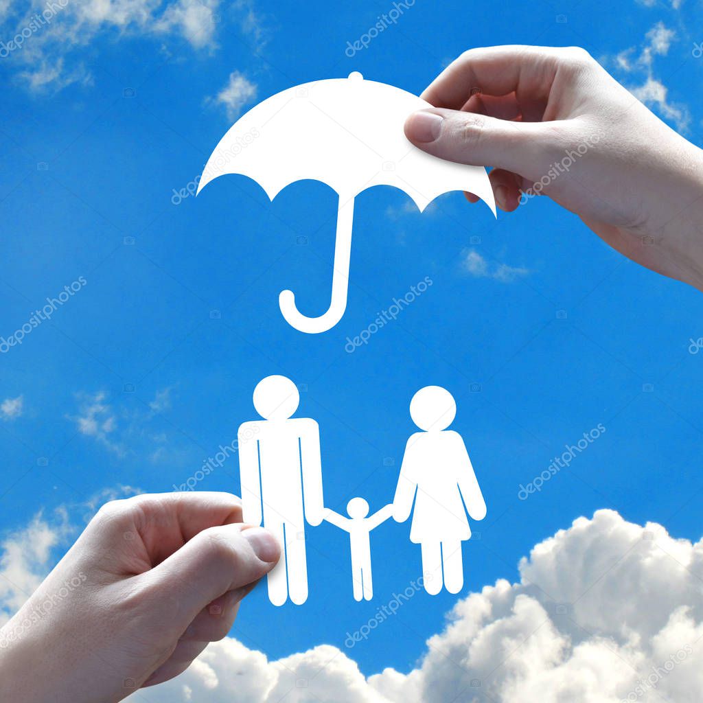 Family insurance concept, hands, sky in background
