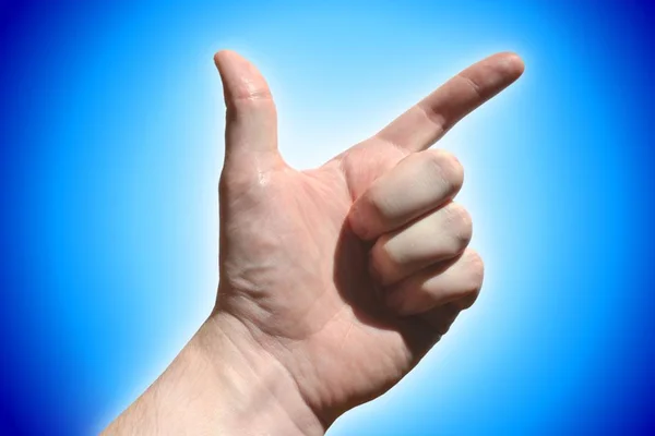 Zwei Finger Hand Blauer Hintergrund — Stockfoto