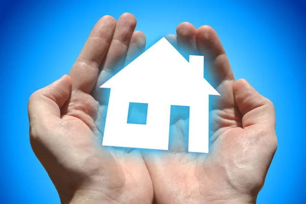 House Insurance Concept Hands Blue Background — Stock Photo, Image