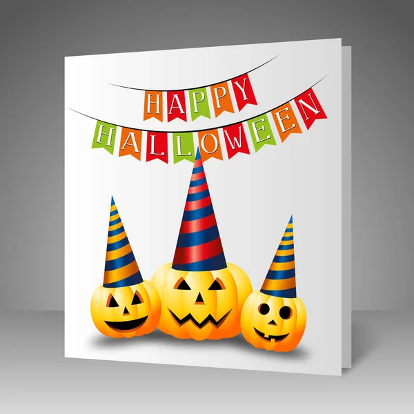 Cartão de Halloween feliz - abóboras usando chapéus de festa — Fotografia de Stock