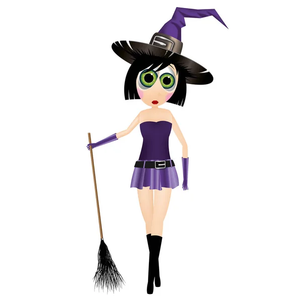 Sexy, young witch with a broom and hat — Stock Photo, Image