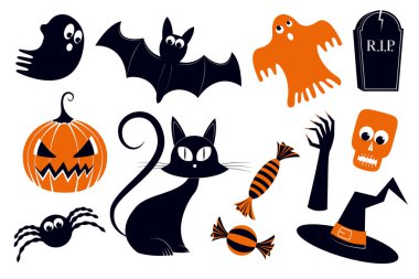 Cadılar Bayramı illüstrasyon - kabak, kedi; cadı şapkası, kafatası