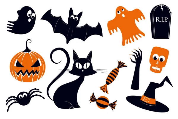 Halloween ilustrace-dýně, kočka; čarodějnický klobouk, lebka — Stock fotografie