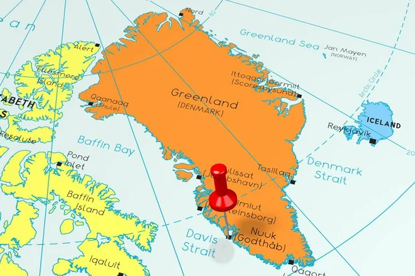Γροιλανδία, Νουούκ-κύρια πόλη, καρφιτσωμένη σε πολιτικό χάρτη — Φωτογραφία Αρχείου
