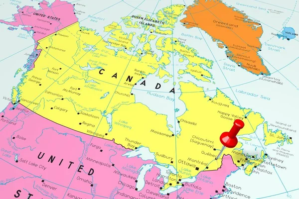 Kanada, Quebec-stolica, przypięty na mapie politycznej — Zdjęcie stockowe