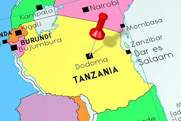 Tanzânia, Dodoma - capital, fixada no mapa político — Fotografia de Stock