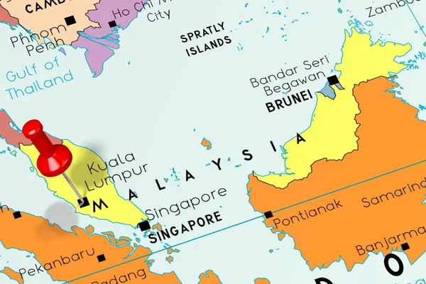 Malezja, Kuala Lumpur-stolica, przypięty na mapie politycznej — Zdjęcie stockowe