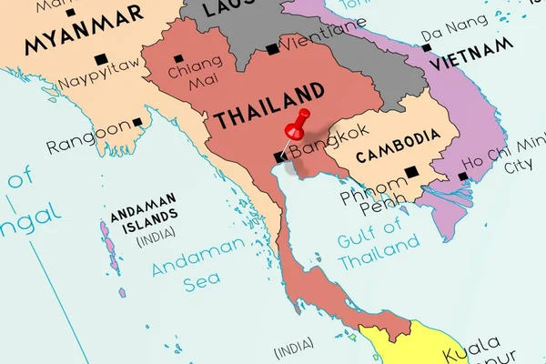 Tailandia, Bangkok - capital, apuntado en el mapa político —  Fotos de Stock