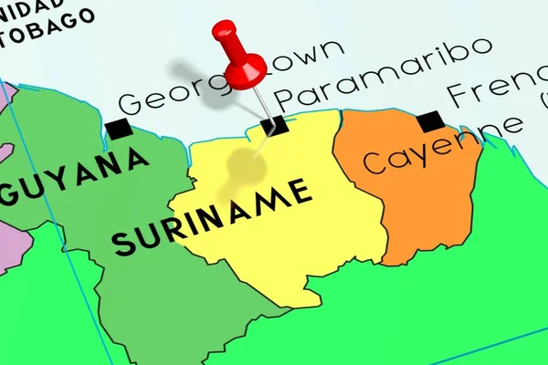 Суринам, Парамарибо - столица, отмеченная на политической карте — стоковое фото