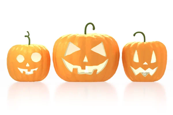 3D tre zucche di Halloween - Jack-o-Lanterne su sfondo bianco — Foto Stock