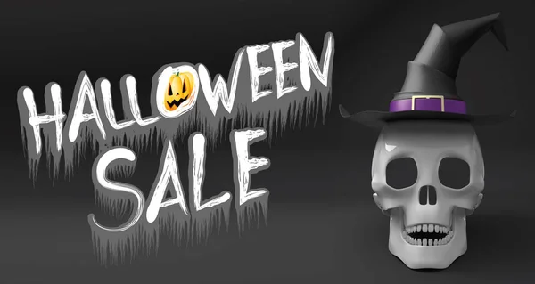 Venda de Halloween - banner com um crânio usando chapéu de bruxa — Fotografia de Stock