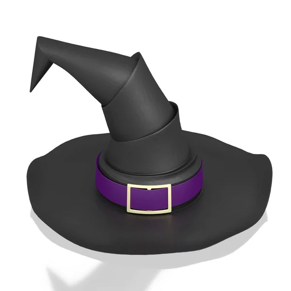 Cappello da strega nero 3D con nastro viola isolato su dorso bianco — Foto Stock