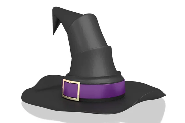 3D Czarny czarownica kapelusz z fioletową wstążką-izolowane na białym ekspresyjne — Zdjęcie stockowe