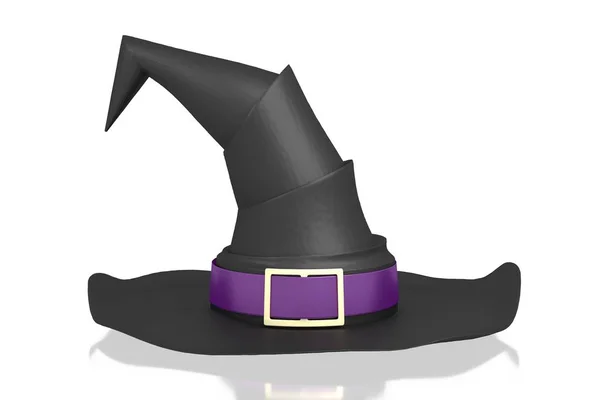 Sombrero de bruja negro 3D con cinta violeta - aislado sobre fondo blanco —  Fotos de Stock