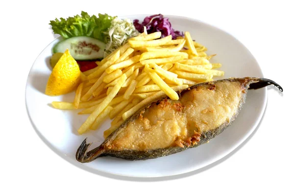 Gebratener Fisch - Heilbutt, Salat und Pommes auf dem Teller — Stockfoto