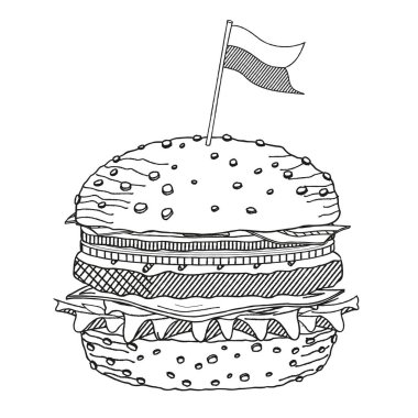 Hamburger / Çizburger bayraklı - siyah beyaz illüstrasyon / çizim