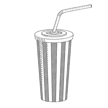 Kola / bir saman ile soda - siyah beyaz illüstrasyon / çizim