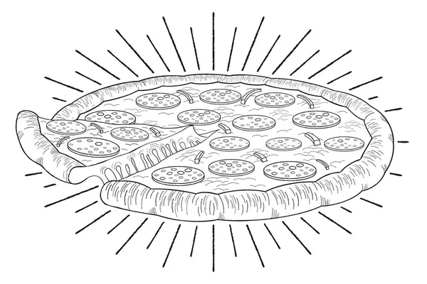 Pizza Pepperoni Cebula Czarno Biała Ilustracja Rysunek — Wektor stockowy