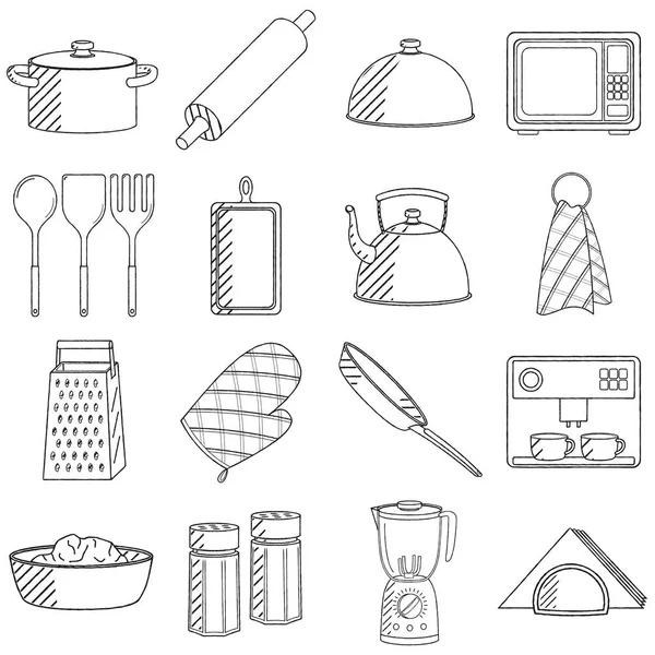 Utensilios Cocina Juego Ilustración Dibujo Blanco Negro — Vector de stock