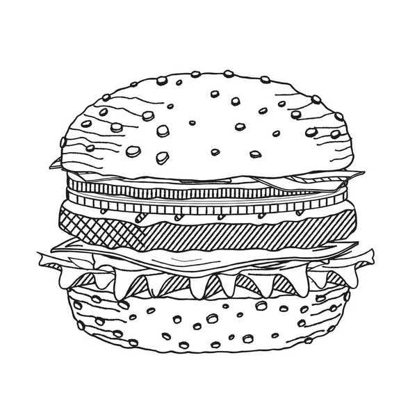 Hamburger Cheeseburger Siyah Beyaz Illüstrasyon Çizim — Stok Vektör