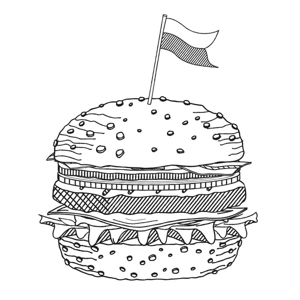 Hamburguesa Hamburguesa Con Bandera Ilustración Dibujo Blanco Negro — Vector de stock