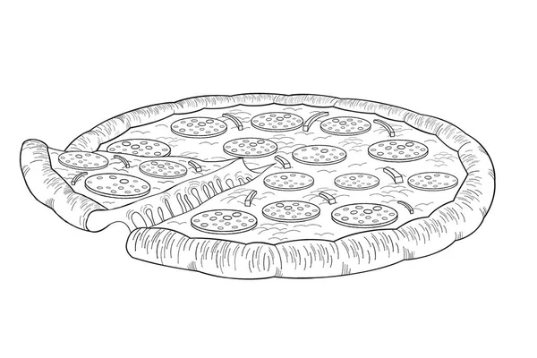 Pizza Pepperoni Cebula Czarno Biała Ilustracja Rysunek — Wektor stockowy