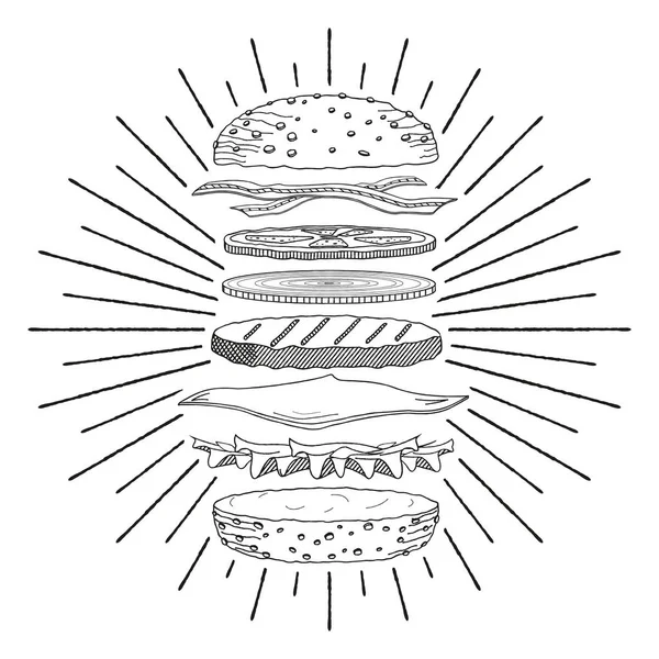 Hamburguesa Hamburguesa Con Queso Ilustración Dibujo Blanco Negro — Vector de stock