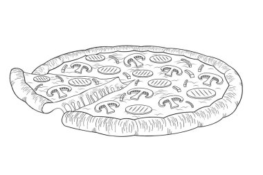 Pizza (jambon, mantar) - siyah beyaz illüstrasyon / çizim