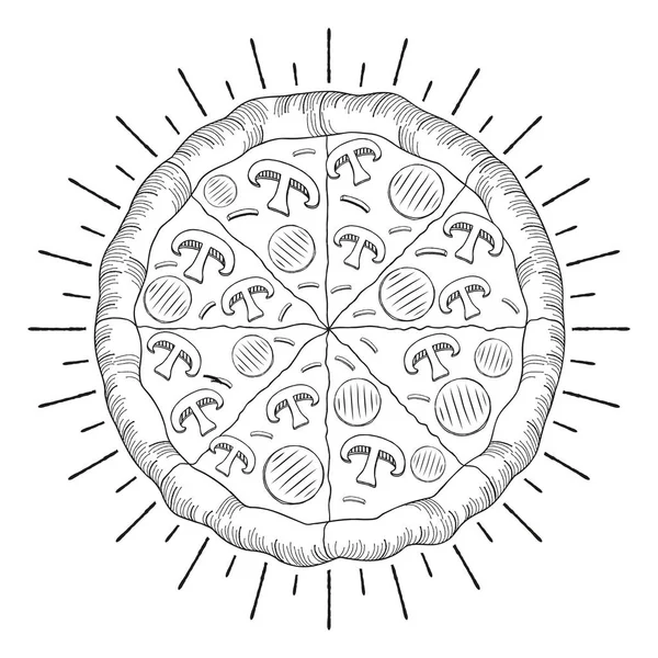 Pizza (ham, mushroom) - black and white illustration/ drawing — Stock Vector