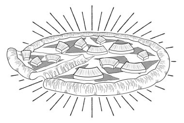 Hawaii pizza (ananas, jambon) - siyah ve beyaz illüstrasyon / çizim